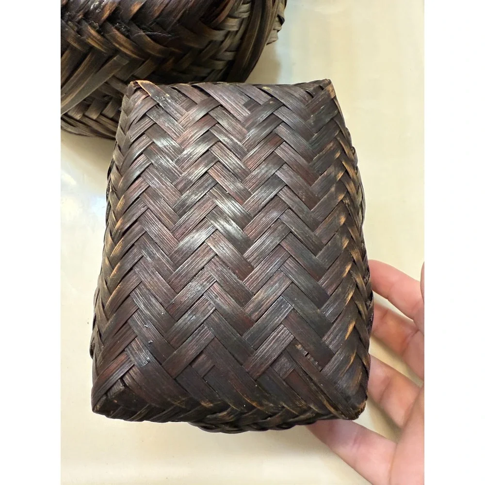 Vintage Japanese Ikebana Woven Bamboo Baskets Hand-Woven Wave Pattern (Set of 2)
